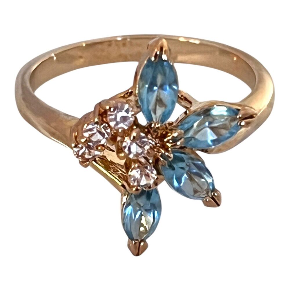 Vintage 1970s Austrian Crystal Ring Size 7 Blue Navette 14K Gold Plate - 6C